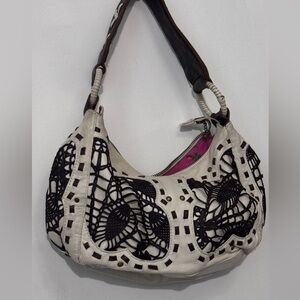 Cynthia Rowley white leather bag with brown laser cut , top hand purse/bag